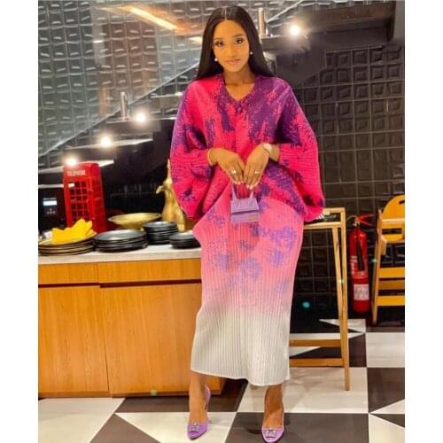 New Autumn/Summer 2021 Hot Printed Pleated Vestidos Temperament Loose Long Dress Bat S Sleeve In Stock Green Yellow Red Blue