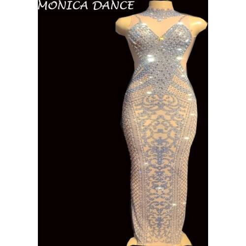 Women Nightclub Sexy Stage Flashing Rhinestones Mesh Dress See Through Birthday Celebrate Outfit Bar Prom DS Dance Dress