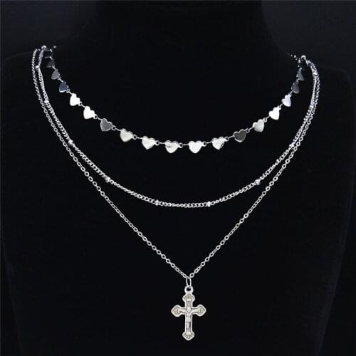 3 PCS Boho Stainless Steel Bead Heart Layer Necklace Silver Color Cross Charm Necklaces Women Jewelry bijoux femme NXS04