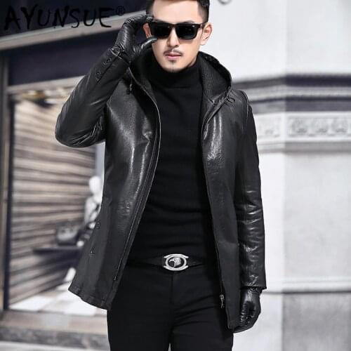 AYUNSUE 2020 New Mens Genuine Leather Jacket Hooded Vintage 100% Sheepskin Coat Autumn Winter Real Leather Jackets 135-1 J3118