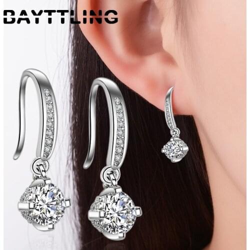 BAYTTLING 925 Sterling Silver 27MM Shiny Round Zircon Drop Earrings For Woman Fashion Glamour Party Gift Jewelry Earrings