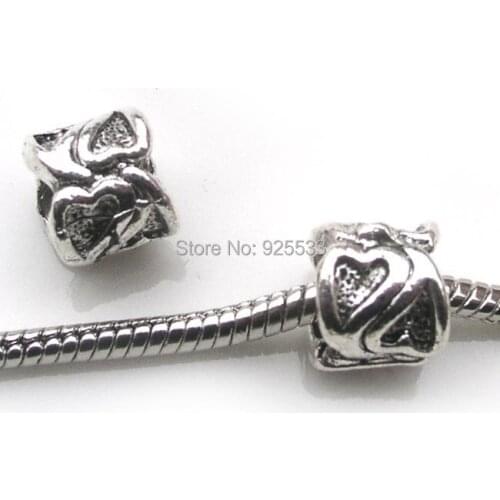 Free Shipping 50pcs 10x9mm antique silver plated heart design Beads fit European Jewelry Braclet Charms DIY