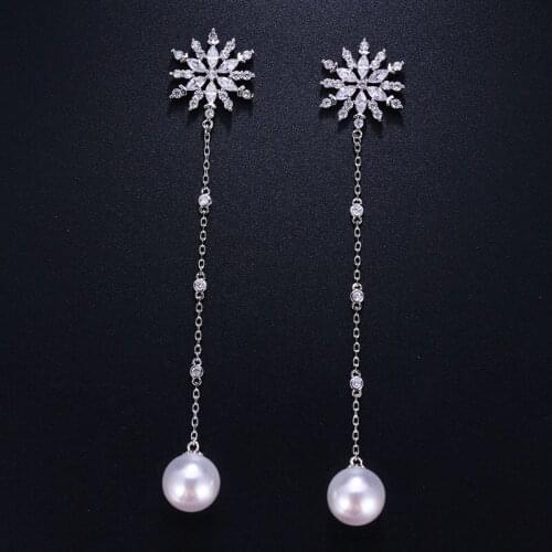 Ekopdee Snowflake Silver Color Long Zircon Earrings For Women 2021 New Elegant Cubic Zirconia Earrings Female Fashion Jewelry