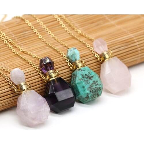 Perfume Bottle Multi-Kind Natural Stone Essential Oil Bottles Roses Quartz Amazonite Amethysts Women Necklace Dropshipping 60CM