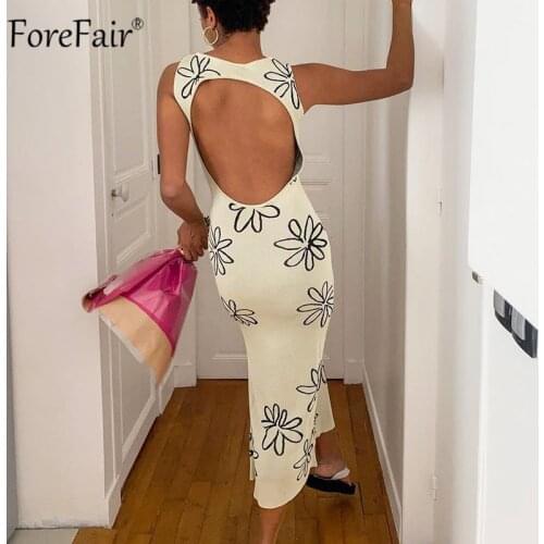 Forefair 2021 Backless White Summer Women Dress Sleeveless Midi Bodycon Y2k Club Print Floral Sexy Party Dresses Beach Casual