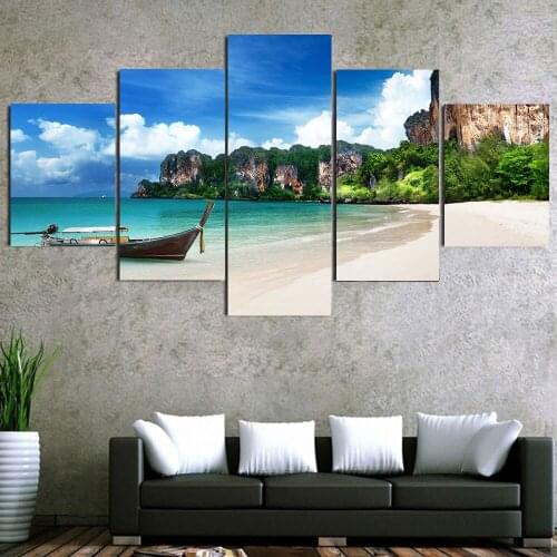Canvas Paintings For Living Room Modular HD Prints Pictures 5 Pieces Blue Sea Beach Island Seascape Posters Home Wall Paper Art