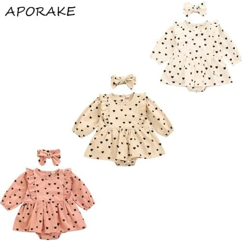 2021 0-24M Infant Baby Girl Sweet Romper Spring New Hearts Print Ruffle Shoulder Long Sleeve Knitted Jumpsuit Dress Headband Set