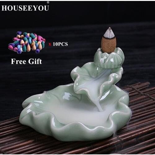 HOUSEEYOU Backflow Incense Burner Home Decor Ice Crack Ceramic Stick Incense Holder Buddhist Aromatherapy Censer + 10Pcs Cones