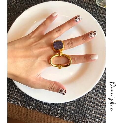 PerisBox Gold Color Metal Lapis Lazuli Rings for Women Simple Geometric Hollow Rings Stackable Statement Ring Gift for Her