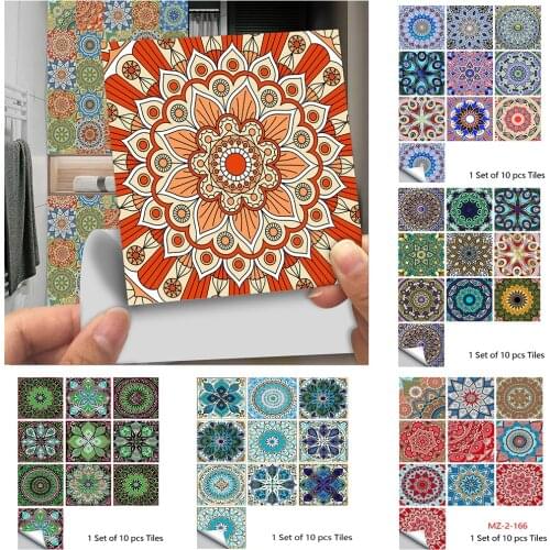 10pcs/set Mandala Style Crystal Hard Tiles Ceramics Wall Sticker Kitchen Wardrobe Home Decor Art Mural Peel & Stick Wall Decals