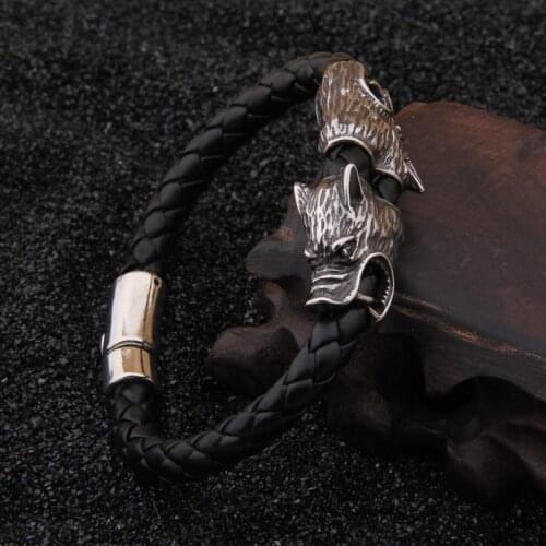 2018 new arrival stainless steel wolf heads leather bangle for men bangle