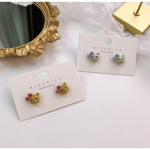 Origin Summer Korean Cute Enamel Bowknot Cat Stud Earring for Women Girls Temperament Cartoons Metallic Earring Jewellery