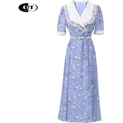 French Designer Vintage Floral Printed Midi Dress Elegant Lace Up Summer Traf Office Work OL Basic Party Dresses Women Vestidos