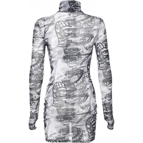 Fashion Spring And Autumn New Dress Chinese Style Sweatshirt Turtleneck Slim Long Sleeve Ink Dragon Print Dress Drop New