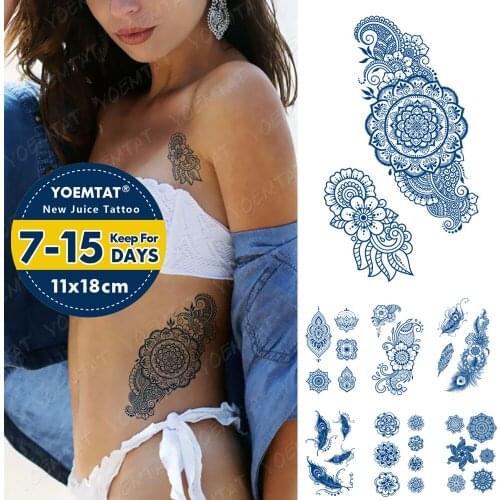 Juice Lasting Ink Tattoos Body Art Waterproof Temporary Tattoo Sticker Peacock Moon Feather Tatoo Arm Fake Henna Mehndi Tatto