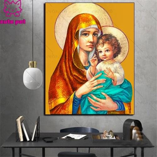 Rhinestone pictures Virgin Mary and baby full square round diamond embroidered diy diamond painting decorations Religious Icon