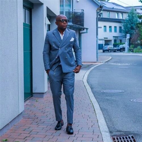 Tailored Double Breasted Stripe Suits 2 Pieces Groom Best Man Pants Suit Business Wedding Blazer (Jacket+Pants)