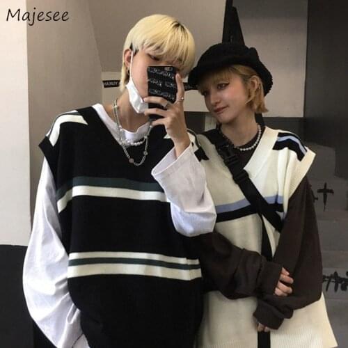 Sweater Vests Women Couples Korean Style Harajuku Student Vintage Knitted Outwear Loose V-neck Striped Fashion All-match Baggy