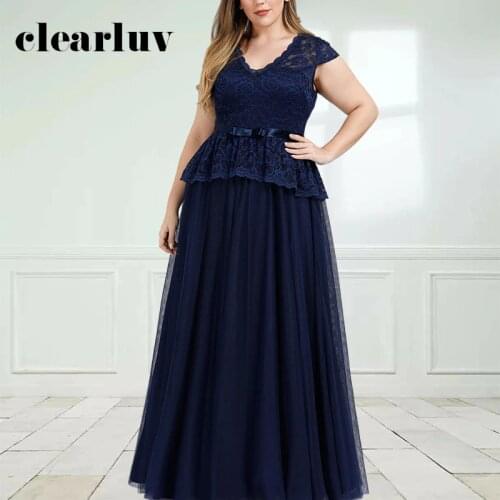 Lace Patchwork Evening Dress DR1574 V-Neck Short Sleeve Robe De Soiree Navy Blue A-Line Vestidos De Fiesta Crepe Robe De Soiree