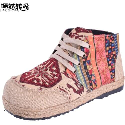 Vintage Embroidered Women Flats Thai Boho Cotton Linen Canvas Cloth Single National Handmade Woven Round Toe Lace Up Shoes