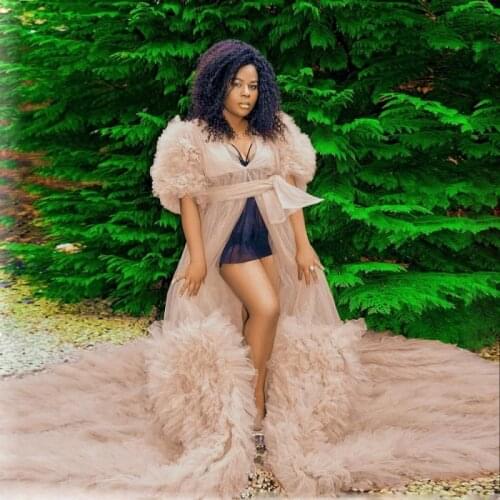 High Quality Photoshoot Khaki Robe Party Dresses Long Prom Dress With Sleeve Photo Shoot Puffy Ruffles Robe See Through