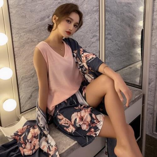 Viscose Women Summer 4Pcs Pijamas Floral Print Shorts Long Pants Sleeveless Shirt Pajamas Suit Plus Size Pink Blue Soft Homewear