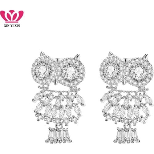 Clear Cubic Zircon Owl Stud Earrings For Women Color CZ Earring Cute Valentines Day Gift For Girlfriend Female Jewelry 2019