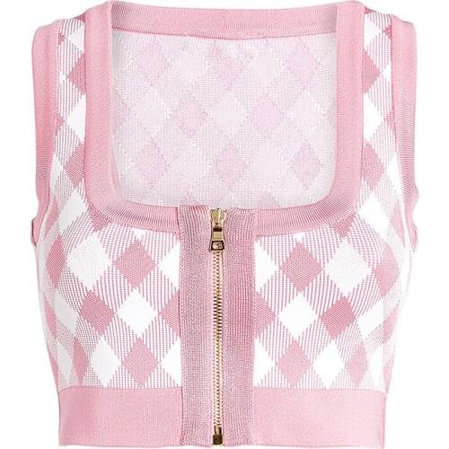 HIGH STREET Newest Fashion 2021 S/S Designer Tops Womens Zip Plaid Knitted Crop Tank Tops