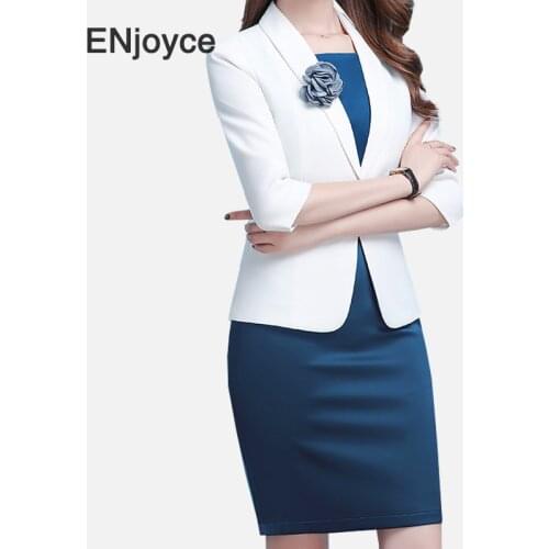 Spring Autumn Women Sets White Slim Blazer and Blue Dress Two Pieces Set Elegant Office Ladies Work Wears Business Uniform