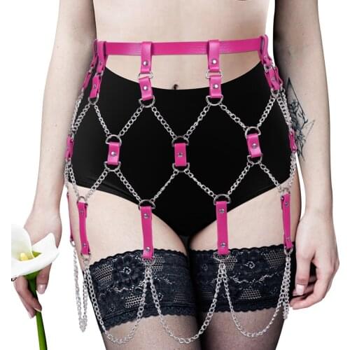 Woman Sexy Leather Harness Metal Chain Mini Skirt Punk Edgy Grid Belts Fetish Body Bondage Caged Gothic Garters Exotic Costumes