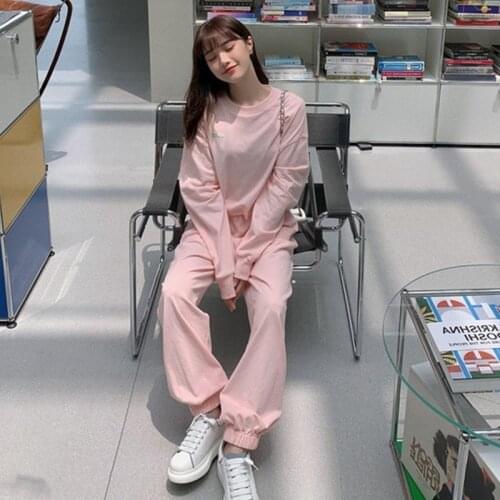 Womens Sports Suit Spring Autumn Short Round Neck Pullover Long-Sleeve Tops Solid Mid-Waist Wide-Leg Trousers Two-Piece Set