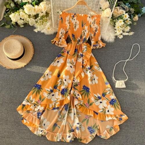 Boho Vintage Ruffles Floral Print 2020 Split Sexy Off Shoulder Dress Summer Maxi Long Party Women Irregular Beach Holiday Dress