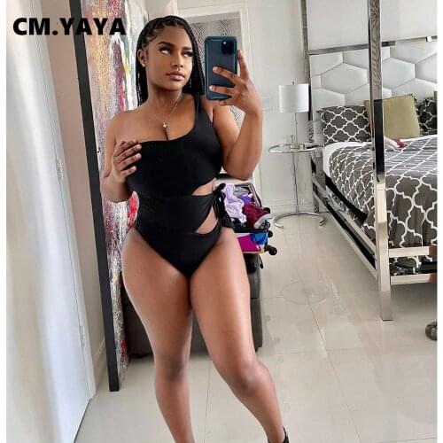 CM.YAYA Women Bikinis Bodysuit Solid One Shoulder Skew Collar Bandage Hollow Out Elastic Sexy Swimsuit Summer Beachwear 2021