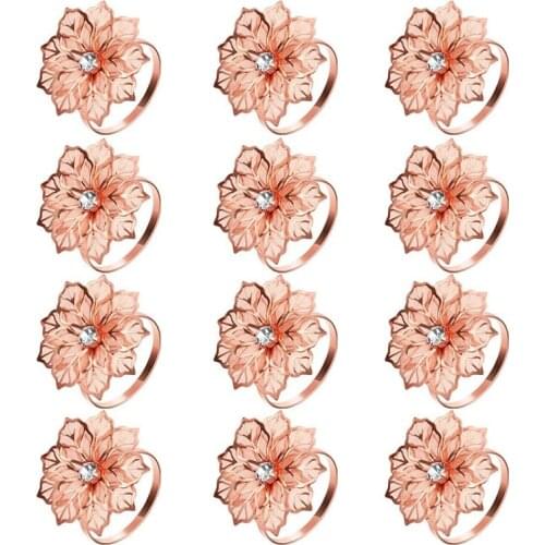 12 Pieces Alloy Napkin Rings with Hollow Out Flower Napkin Holder Floral Rhinestone Napkin Rings Adornment Exquisit