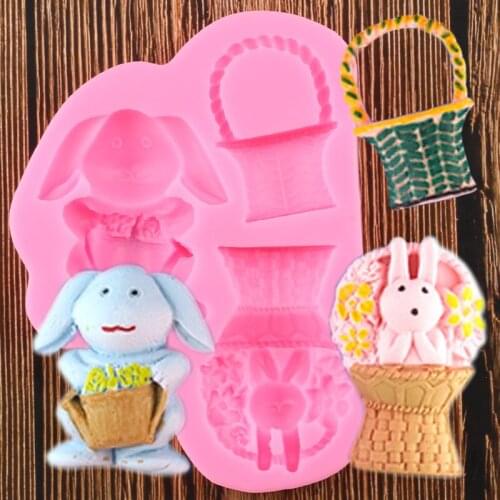 3D Rabbit Flower Basket Silicone Mold Easter Bunny Fondant Cake Decorating Tools Candy Polymer Clay Chocolate Gumpaste Moulds