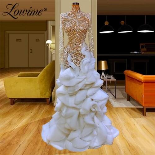 Arabic Robe Long Sleeve Dubai Illusion Evening Dresses 2020 Tiered Turkish Moroccan Kaftans Prom Dresses Long Sequins Party Gown