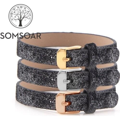 Somsoar Jewelry sparking black sky genuine leather Wrappable Bracelet fit DIY Story Slide Key Charm accessories 5pcs/lot