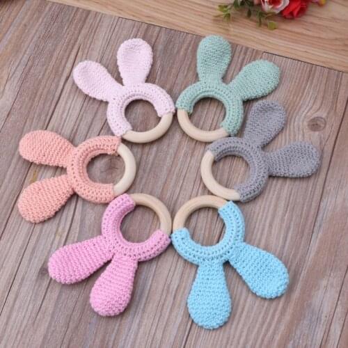Baby Teether Bunny Ear Crochet Wooden Ring Safe Organic Wood Teething Rattle Toy