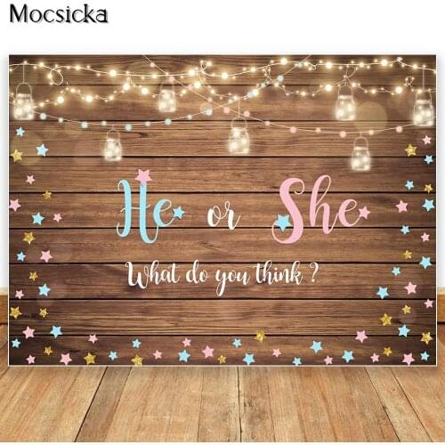 Boy or Girl Gender Reveal Backdrop Pink or Blue Photography Background Wood Floor Gender Reveal Party Banner Backdrops