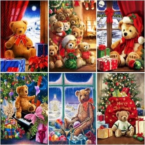 GATYZTORY Oil Painting By Numbers Bear Toy For Adults Children Animal Picture By Number Christmas Landscape Handmade Diy Gift