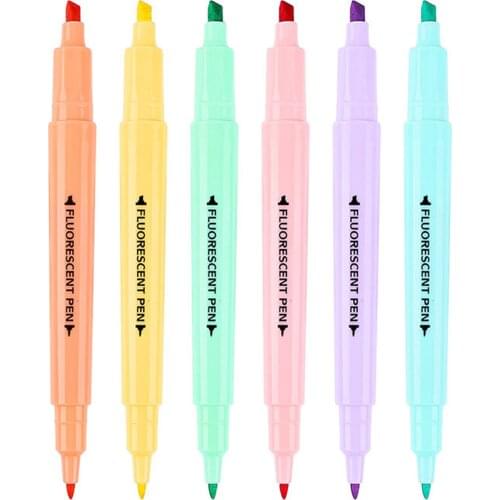 Hot Sale 6 Assorted Color Highlighter Pen Set Double Sided Ended Thick Thin Tip for Student Home Office