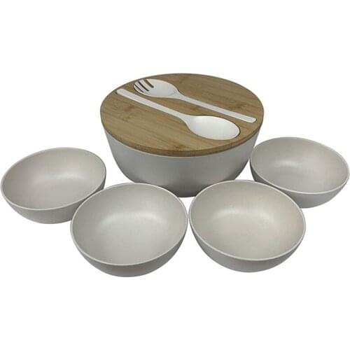 Bamboo Fiber Salad Bowl Set - Mixing Bowls Solid Bamboo Salad Wooden Bowl with Bamboo Lid Spoon for Home