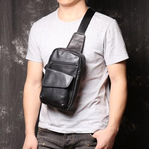 New Mens Leather Chest Bag Leather Travel Chest Bag Shoulder Bag Cowhide Casual Messenger Bags Black Large Capacity Men Soft