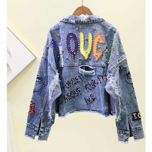 New Womens Denim Jacket Coat 2021 Autumn Jean Jackets Overcoat Female Jacket Graffiti Rivet Basic Coat Girl Outerwear Blue
