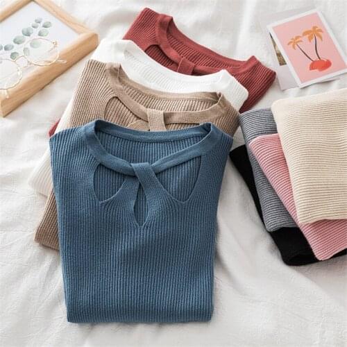 Autumn Winter Thin Knitted Tops Cut Out Neck Fashion Sweater Women Slim Fit Solid Knitted Pullover Udnershirt Knitwear Jumper