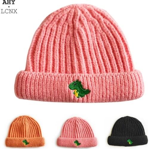 Autumn Winter Baby Hat Knitted Cartoon Dinosaur Kids Bonnet Cap Crochet Beanie Solid Candy Color Children Warm Hats Caps