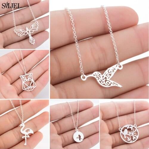 SMJEL Cartoon Origami Bird Necklaces Pendants for Women Accessories Humingbird Phoenix Flamingo Animal Choker Fashion Jewelry