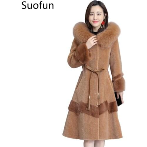 Plus Size Fur Slim Fox Fur Sheep Sheared Luxury Coat Female Long 2021 Fashion New Wool Hooded Jacket Warm Women Parker Overcoat