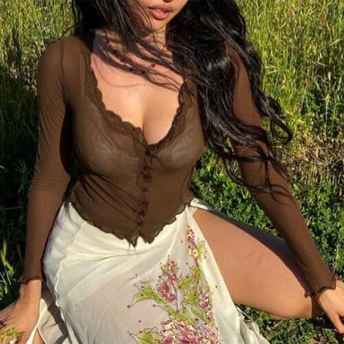 Sexy Mesh Tops Women Summer E Girl Brown Transparent Bolero Shrug Cardigan T-Shirt Gobincore Grunge Fairy Aesthetic Y2k Crop Top