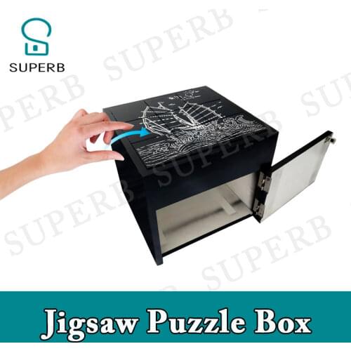Superb escape room props game jigsaw puzzle box put the nine pieces wooden pieces on the box in correct way to release the lock